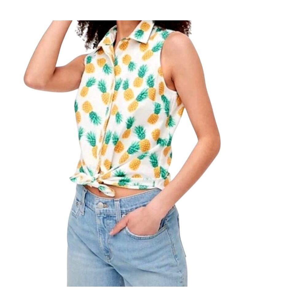 J.Crew Shirt Womens Medium White Pineapple Print Sleeveless Button Front Summer